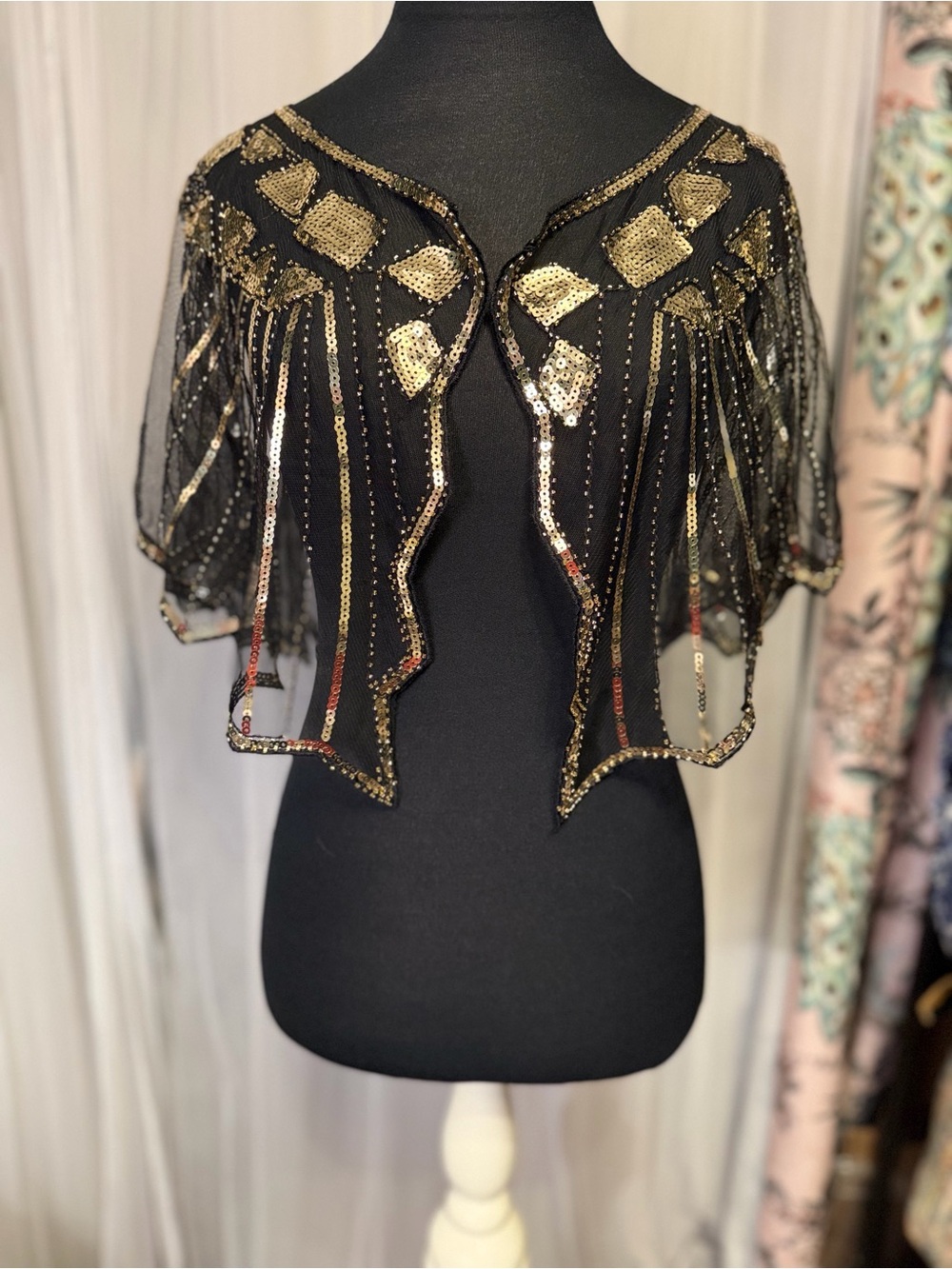 Black & Gold Sequin Capelet Wrap